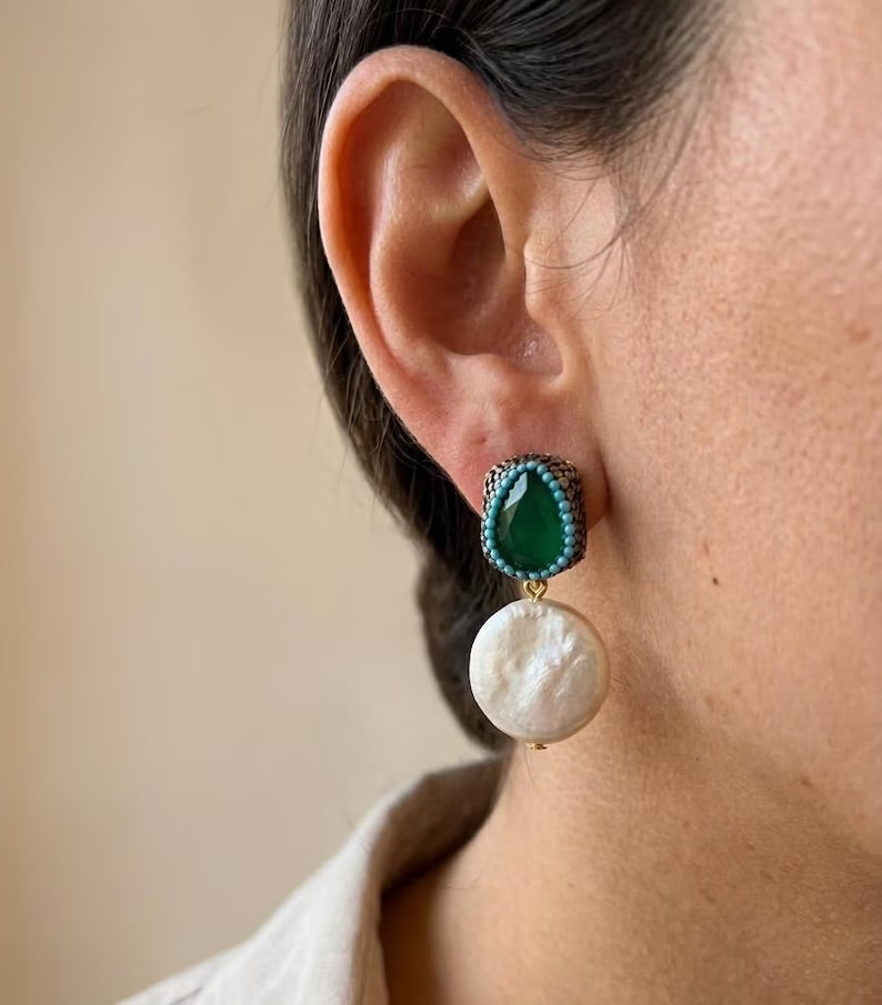 Handmade Emerald Pearl Earrings, 925 Sterling Silver, Gold Plated, Turkish Ottoman Style