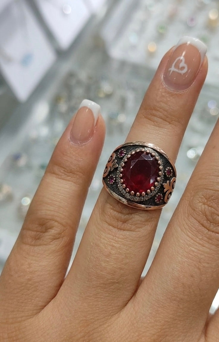 Ruby Stone Silver Ring | 925 Sterling Silver Ring | Ottoman Style Silver Ring | Handmade Turkish Jewelry