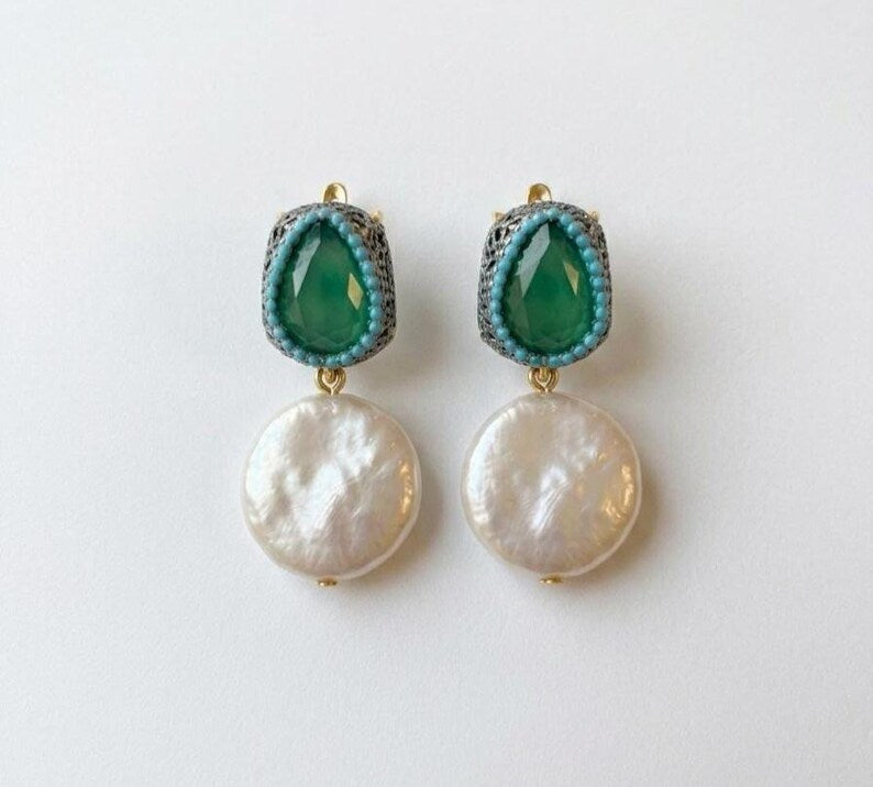 Handmade Emerald Pearl Earrings, 925 Sterling Silver, Gold Plated, Turkish Ottoman Style