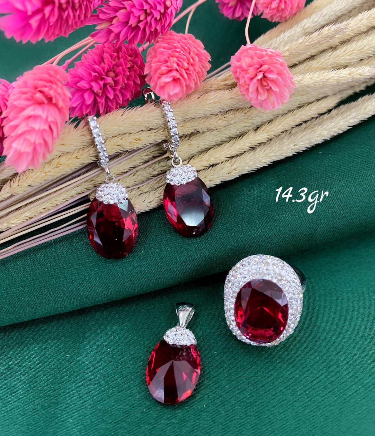 Ruby Jewelry Set, Handmade Turkish Jewelry, Women's Jewelry Set, Ring, Earrings & Pendant, 925 Sterling Silver Set