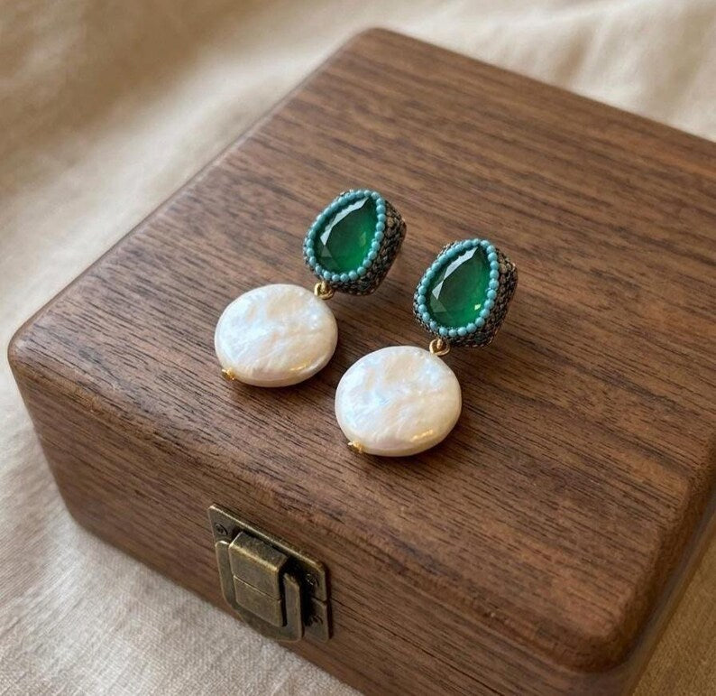 Handmade Emerald Pearl Earrings, 925 Sterling Silver, Gold Plated, Turkish Ottoman Style
