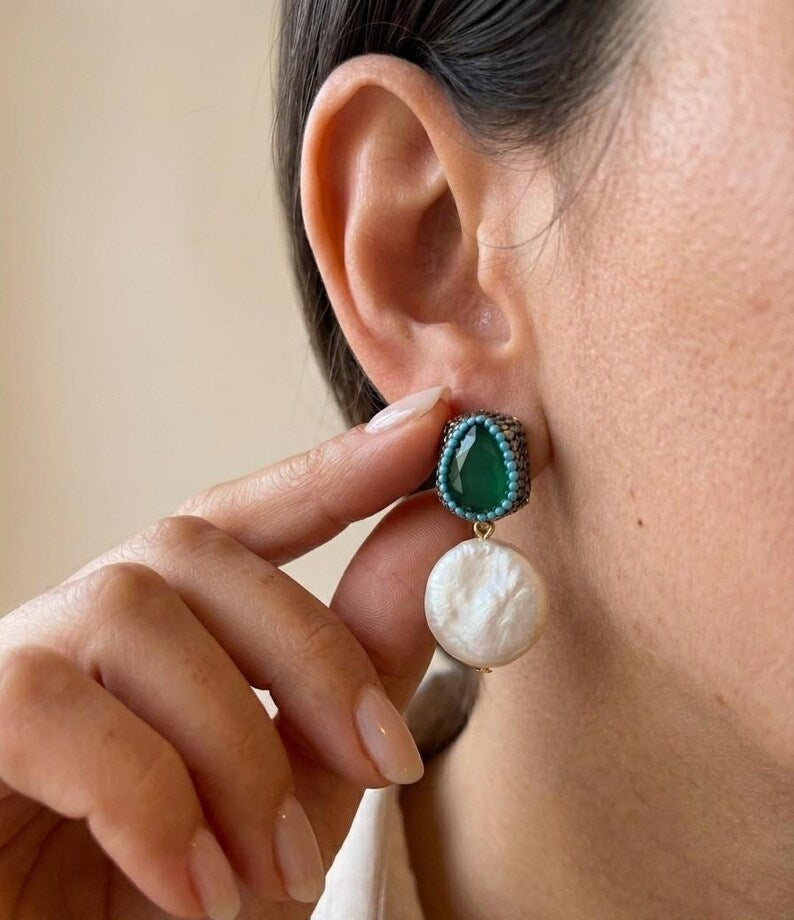 Handmade Emerald Pearl Earrings, 925 Sterling Silver, Gold Plated, Turkish Ottoman Style